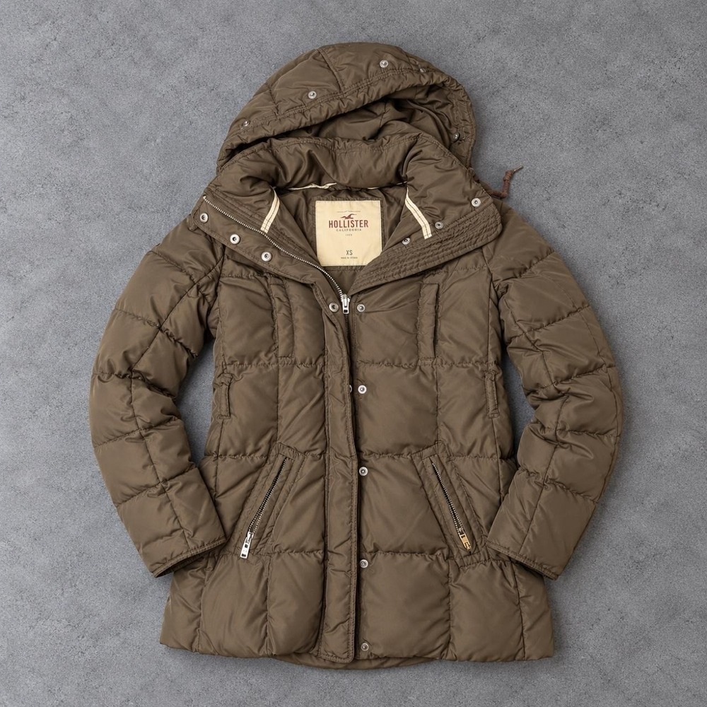 Hollister California Brown Hooded Puffer Coat XS Y2K Winter Jacket